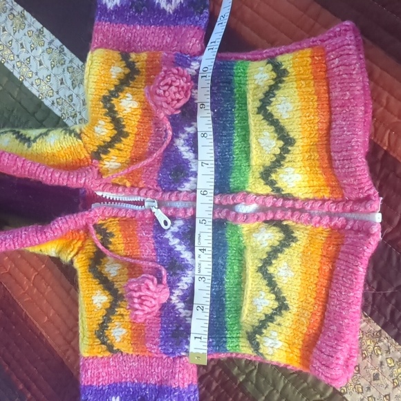 Handmade knit cowichan style boho rainbow wool zip front hooded baby sweater - Picture 13 of 16
